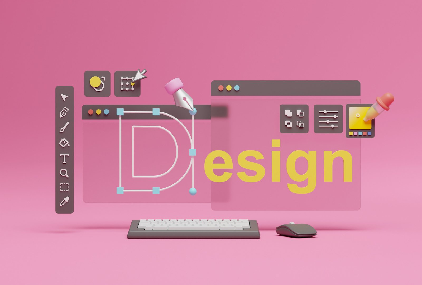 Graphic designer creative creator design logo artwork curve pen tool illustration equipment icons digital computer display workspace. Graphic design software. 3d rendering.